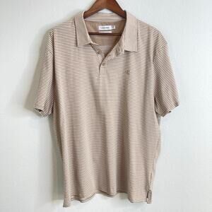 Calvin Klein Men’s XXL Beige White Striped Polo Shirt Smooth Cotton Short Sleeve